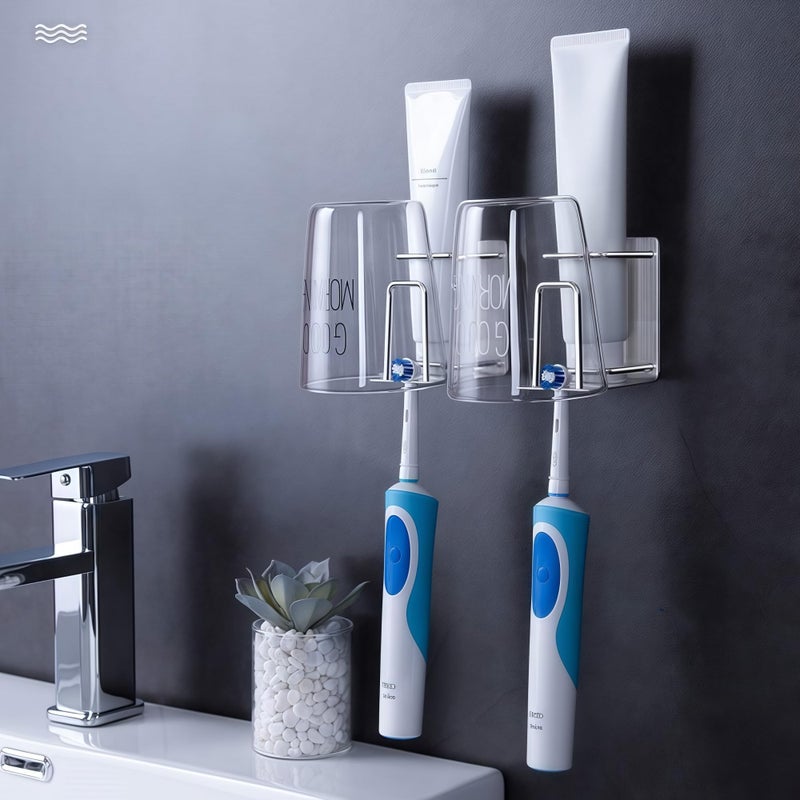 HANZE 2 Pack Toothbrush Holder 304 Stainless Steel Adhesive Wall Mounted 3 in 1 with Toothbrush Holder Toothpaste Holder and Cup Holder for Bathroom Shower - Image 2